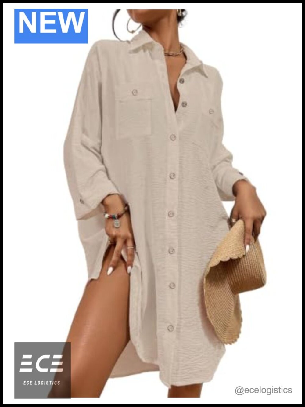 Women's Button Down Swimsuit Cover Up Blouse 3/4 Sleeve Beach Shirt